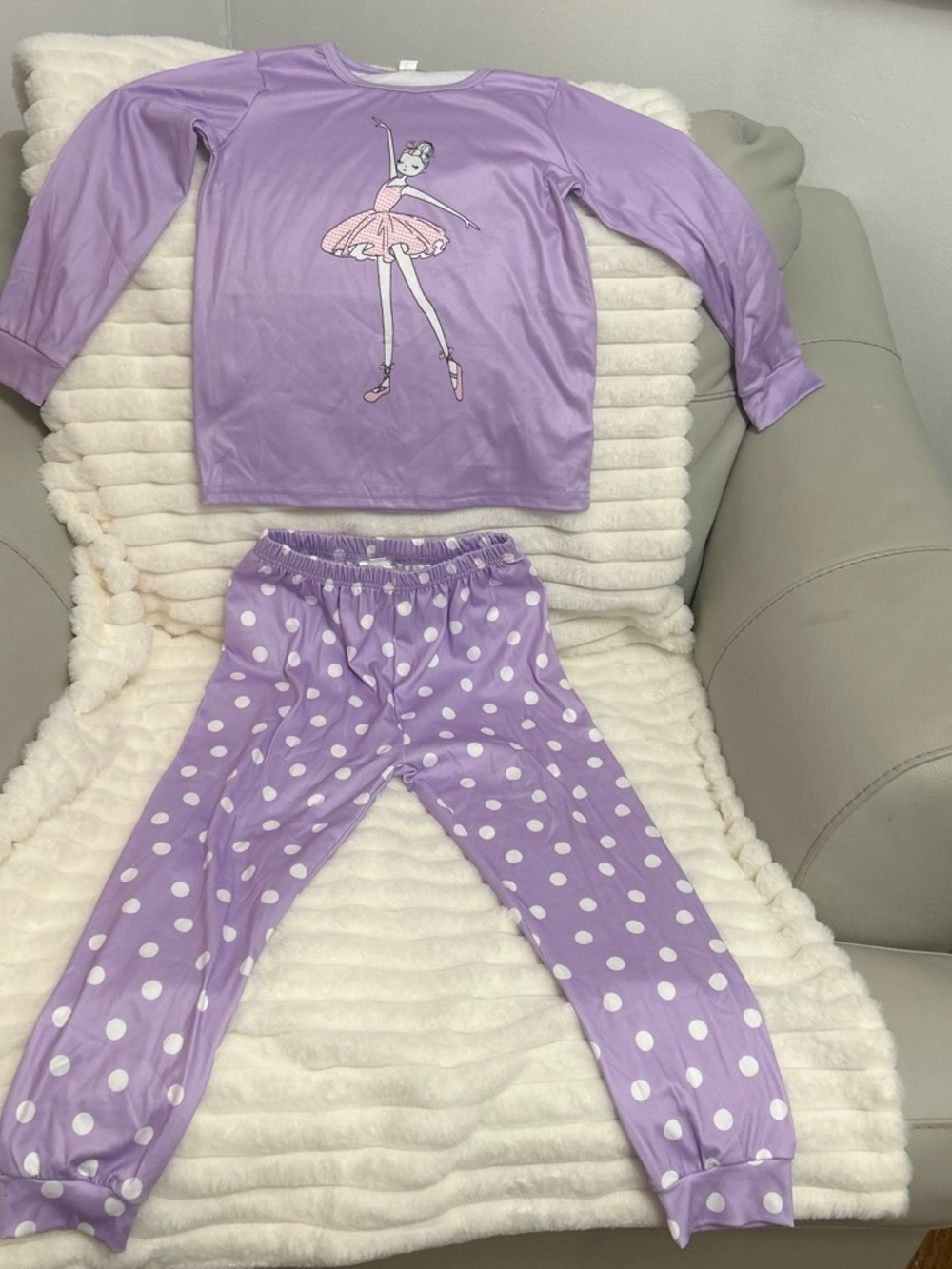 Girls' Lavender Ballerina Pajama Set - Long Sleeve Top & Polka Dot Pants